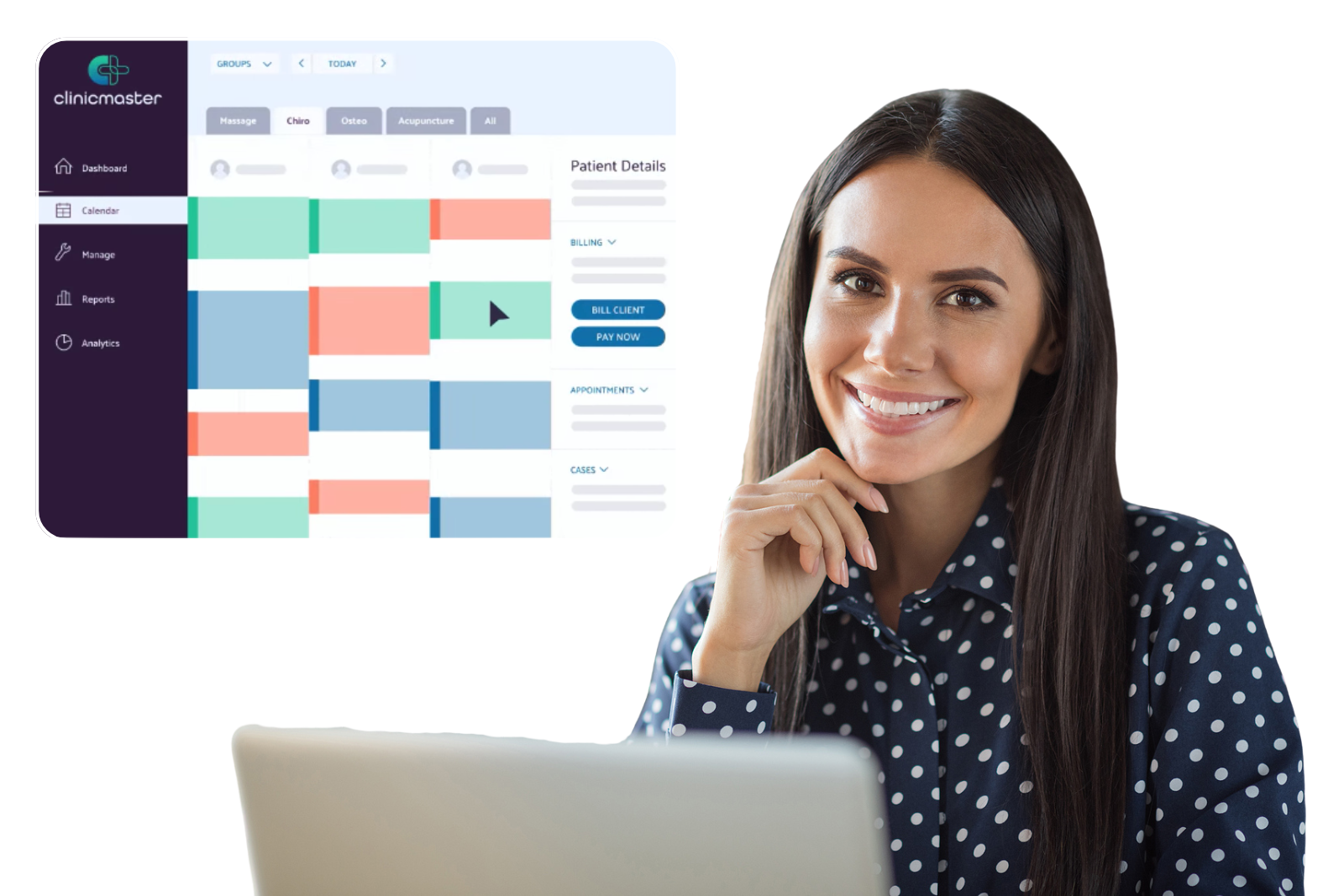 Woman with laptop and Clinicmaster dash